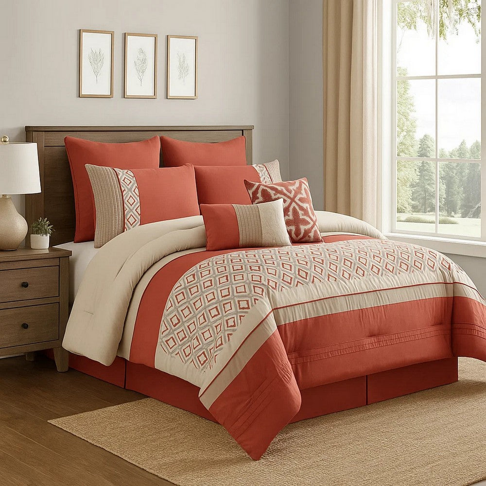 Comforter Set | 8 Piece King | Geometric Embroidery | Orange
