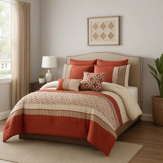 Comforter Set | 8 Piece King | Geometric Embroidery | Orange