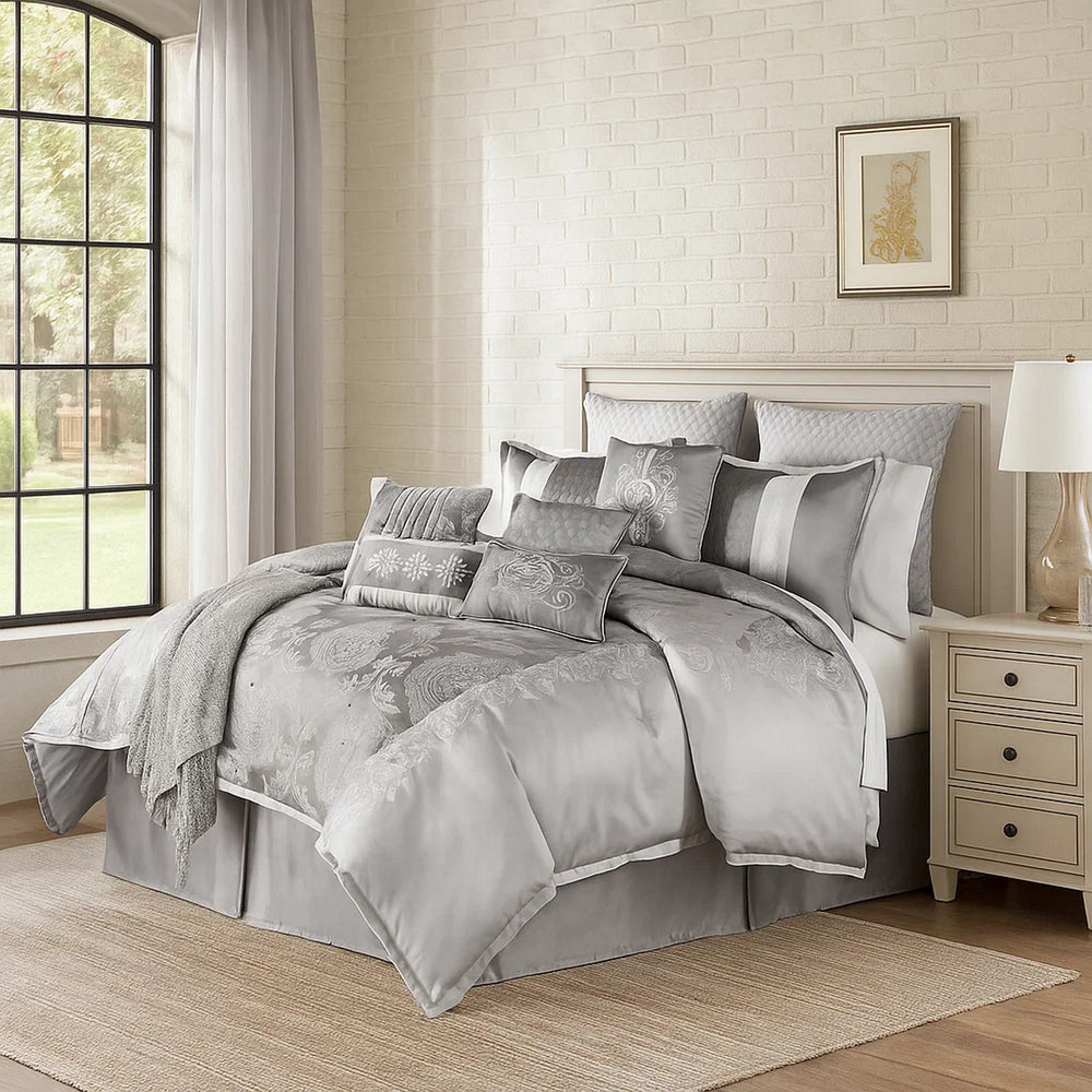 Comforter Set | 12 Piece Queen | Medallion Print | Platinum Gray