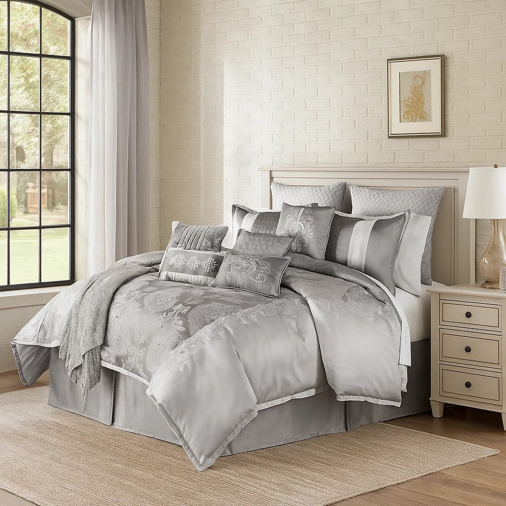 Comforter Set | 12 Piece Queen | Medallion Print | Platinum Gray