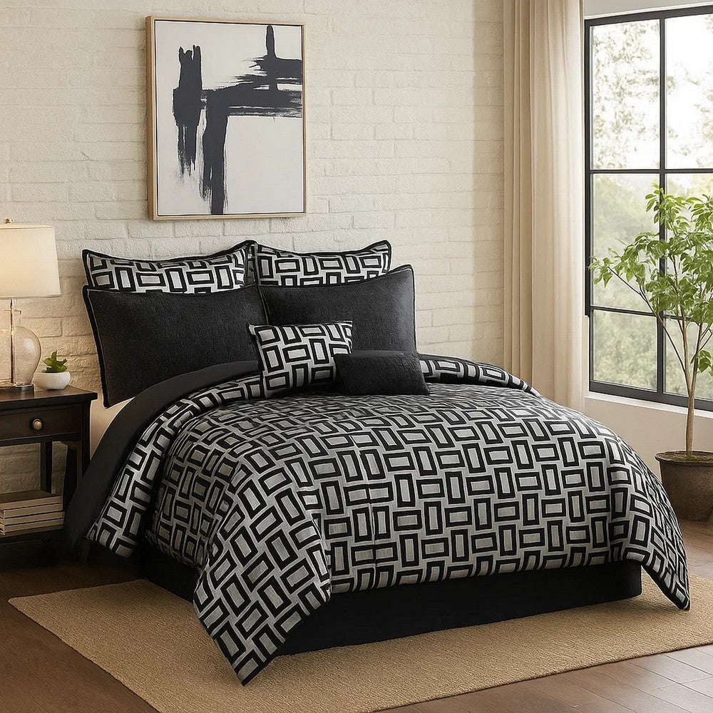 Comforter Set | 6 Piece King | Geometric Print | Gray & Black