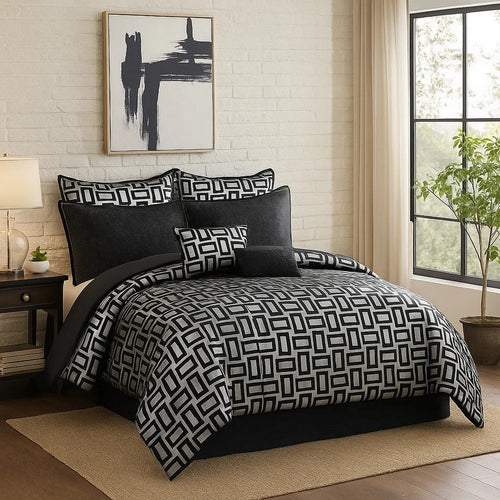 Comforter Set | 6 Piece King | Geometric Print | Gray & Black