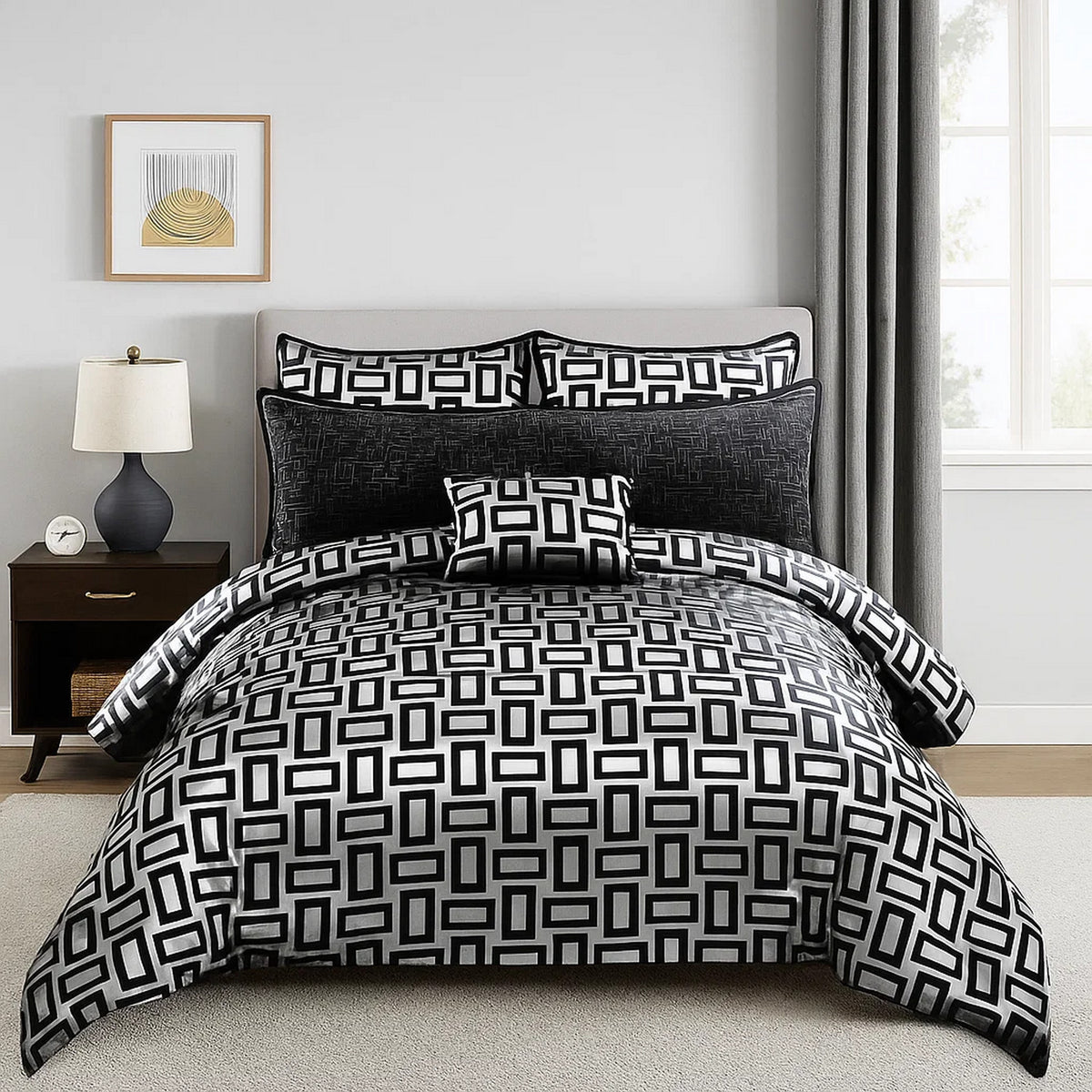 Comforter Set | 6 Piece Queen | Geometric Print | Gray & Black