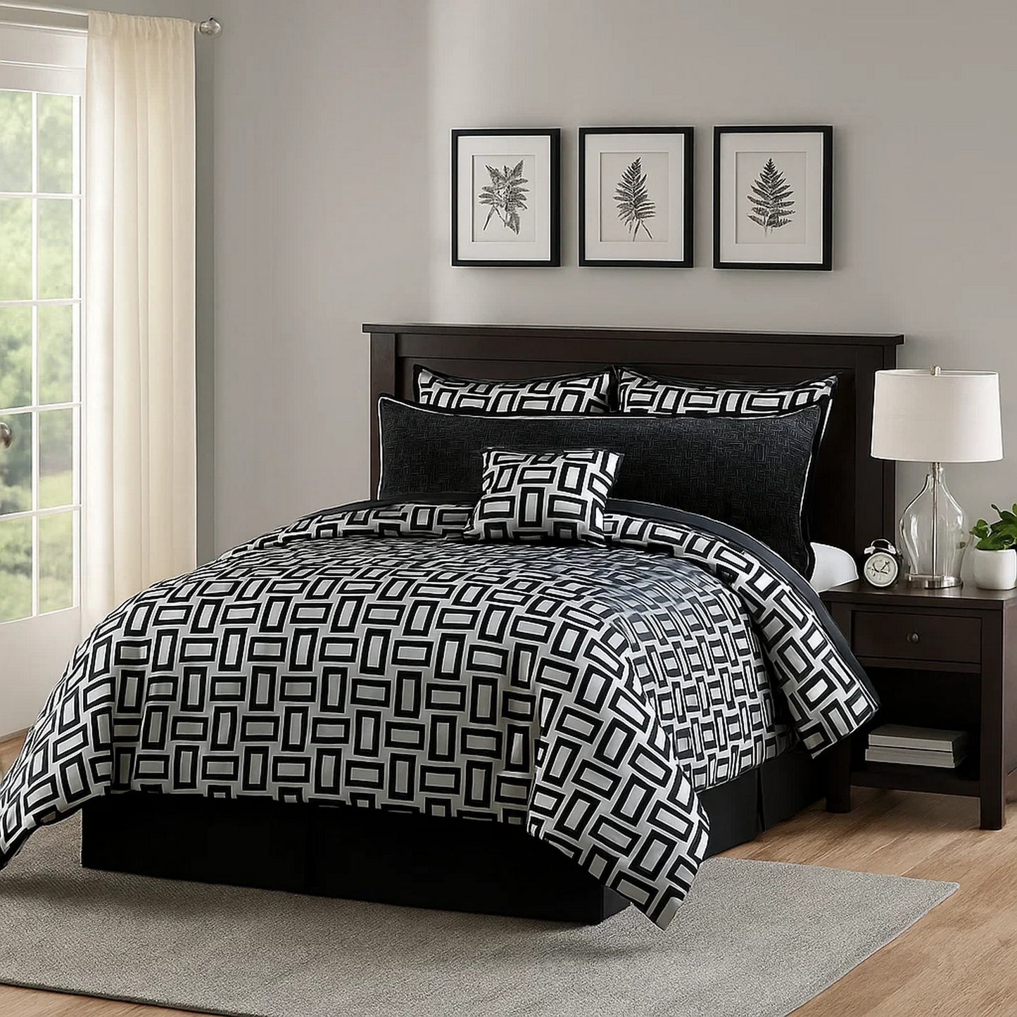 Comforter Set | 6 Piece Queen | Geometric Print | Gray & Black