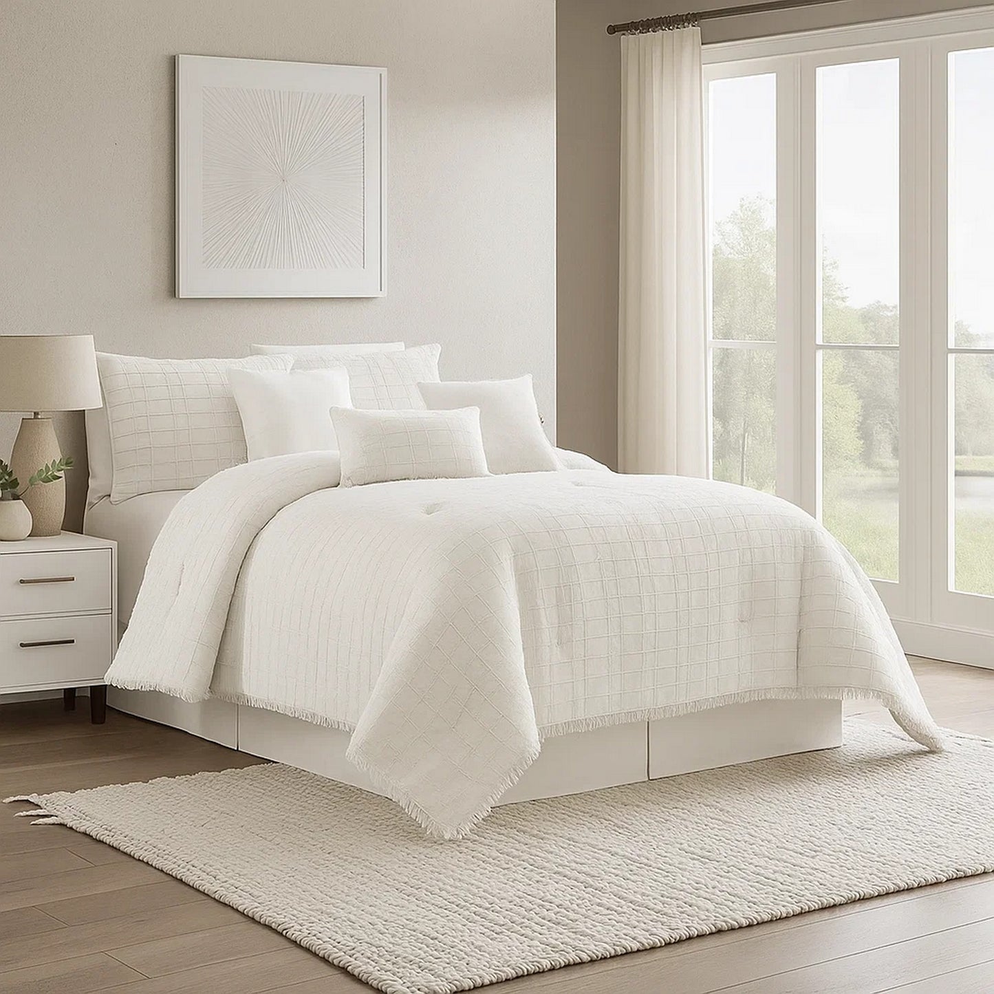 Comforter Set | 7 Piece | Cotton | Queen | Fringe Detail | White