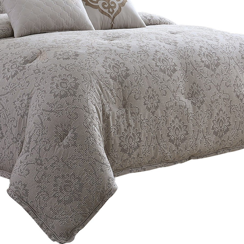 10 Piece King Cotton Comforter Set with Textured Floral Print, Gray By Casagear Home