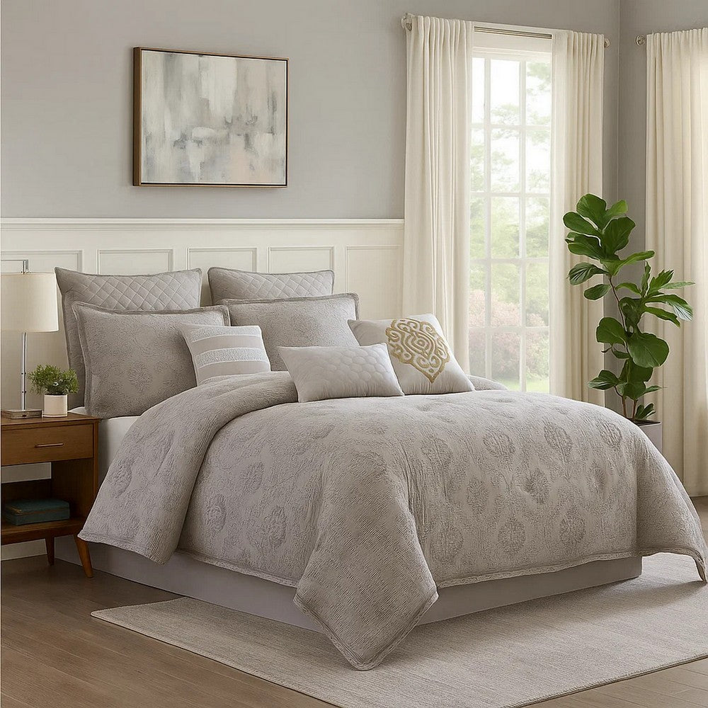 Comforter Set | 10 Piece | Cotton | King | Textured Floral | Gray