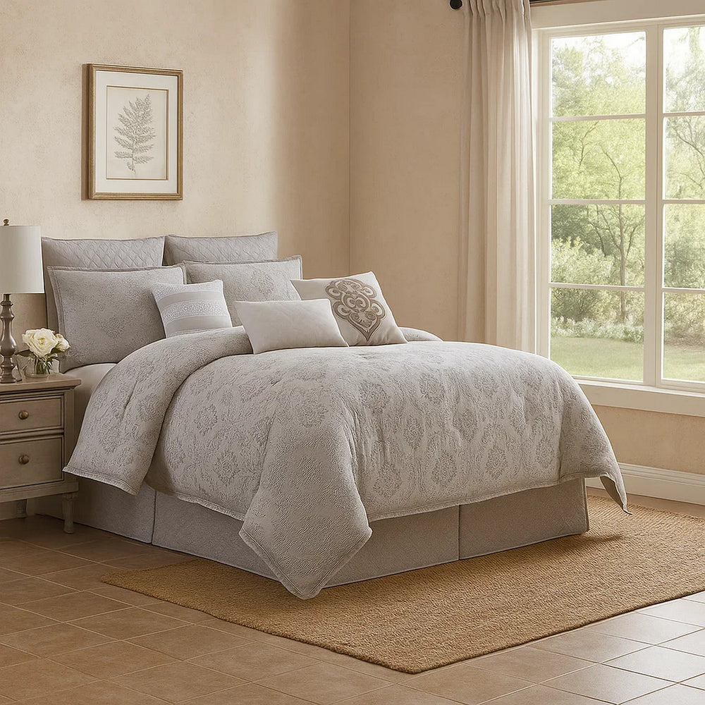 Comforter Set | 9 Piece | Cotton | Queen | Textured Floral | Gray