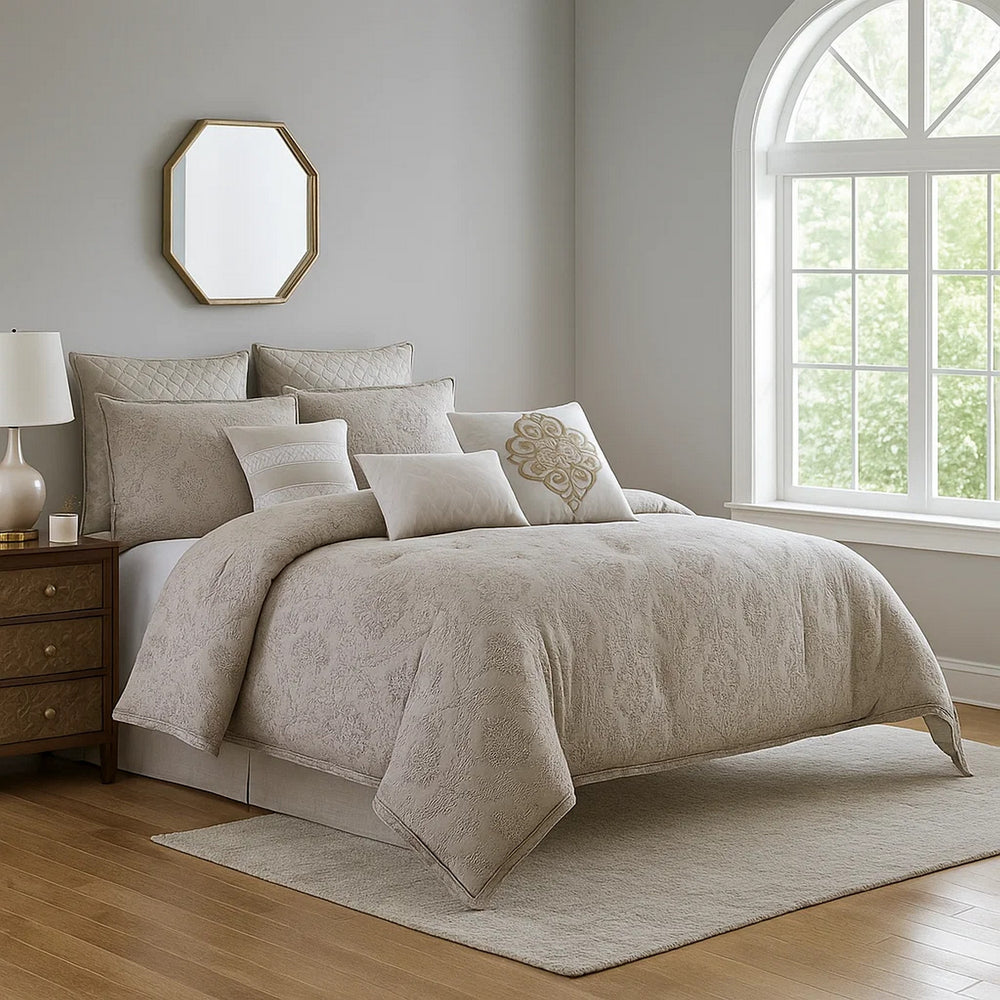 Comforter Set | 9 Piece | Cotton | Queen | Textured Floral | Gray