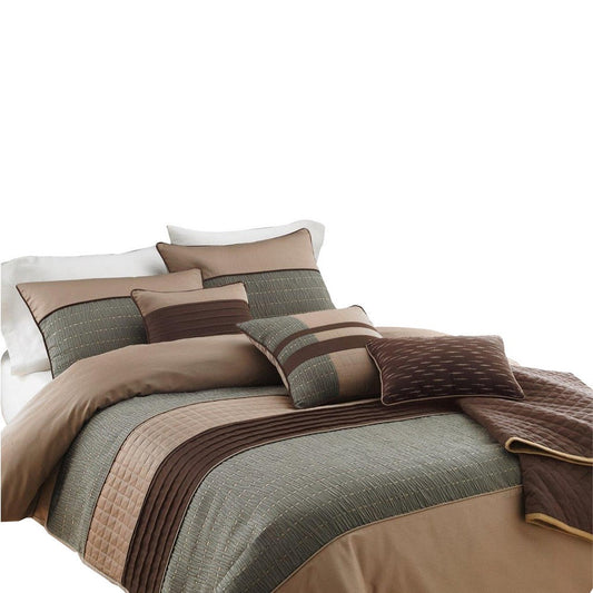 7 Piece King Polyester Comforter Set with Pleats and Texture, Gray and Brown By Casagear Home