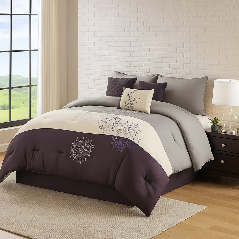 Comforter Set | 7 Piece King | Leaf Embroidery | Gray & Purple