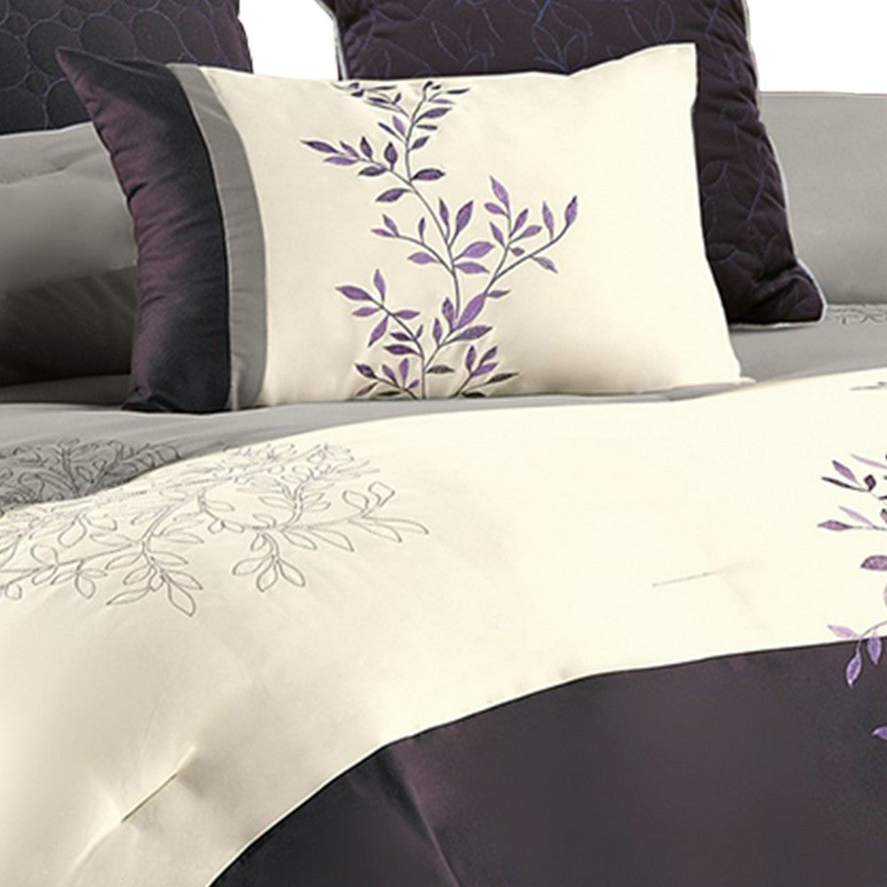 7 Piece Queen Polyester Comforter Set with Leaf Embroidery, Gray and Purple By Casagear Home