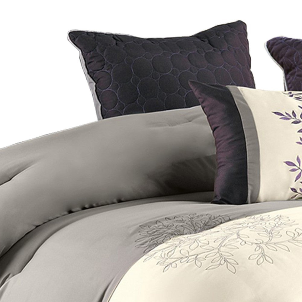 7 Piece Queen Polyester Comforter Set with Leaf Embroidery, Gray and Purple By Casagear Home