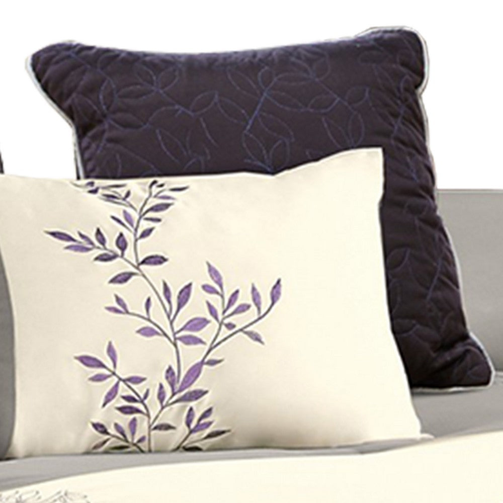 7 Piece Queen Polyester Comforter Set with Leaf Embroidery, Gray and Purple By Casagear Home