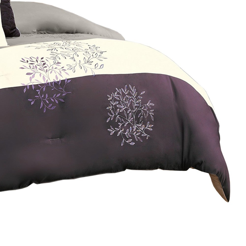Comforter Set | 7 Piece Queen | Leaf Embroidery | Gray & Purple
