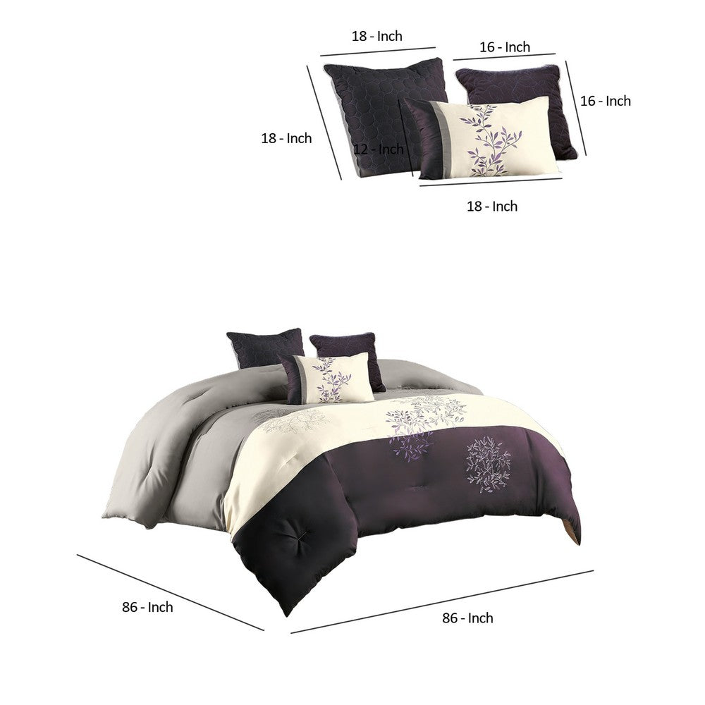 Comforter Set | 7 Piece Queen | Leaf Embroidery | Gray & Purple