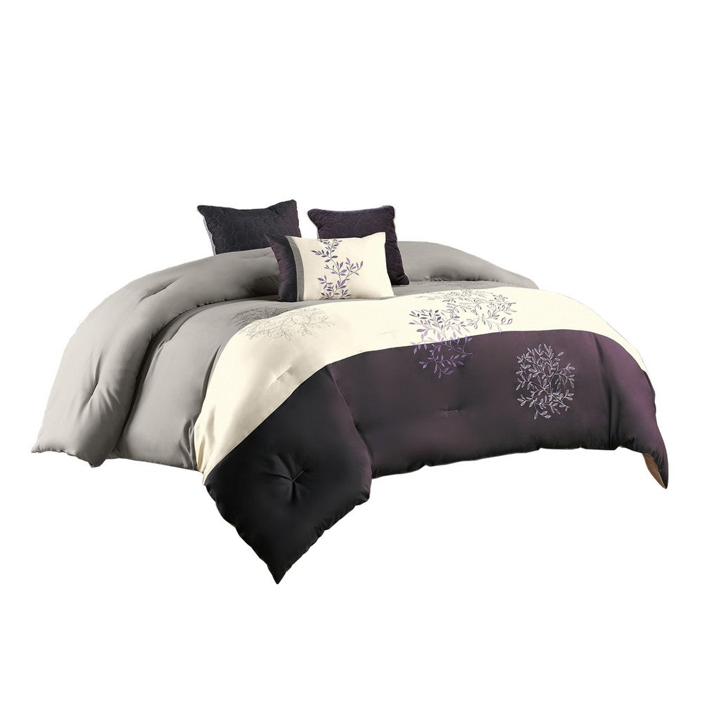 Comforter Set | 7 Piece Queen | Leaf Embroidery | Gray & Purple