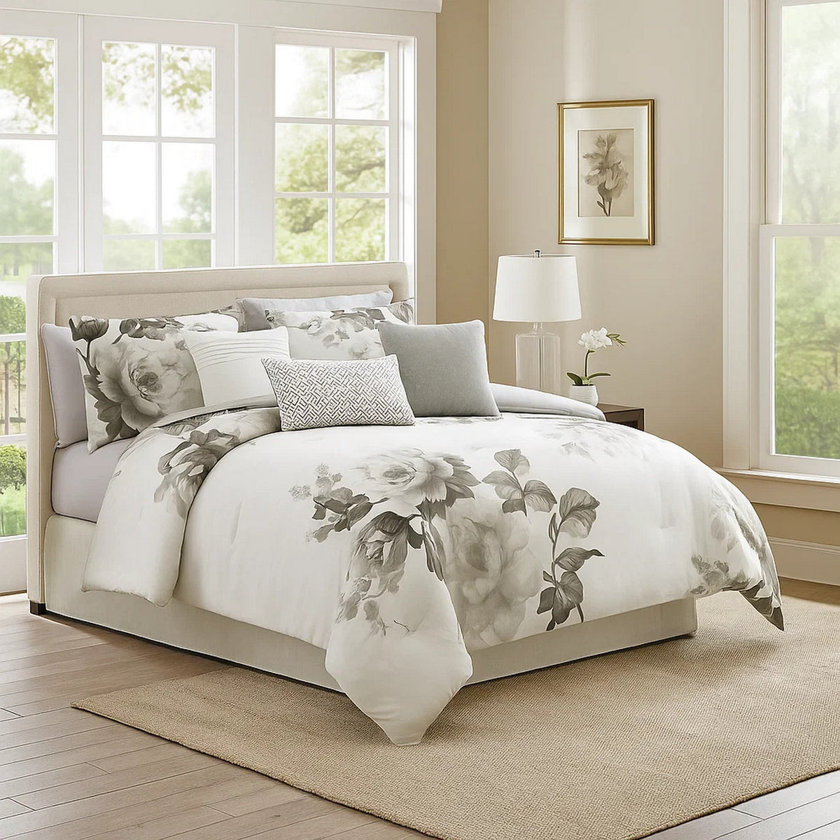Comforter Set | 7 Piece | Cotton | King | Floral Print | Gray & White