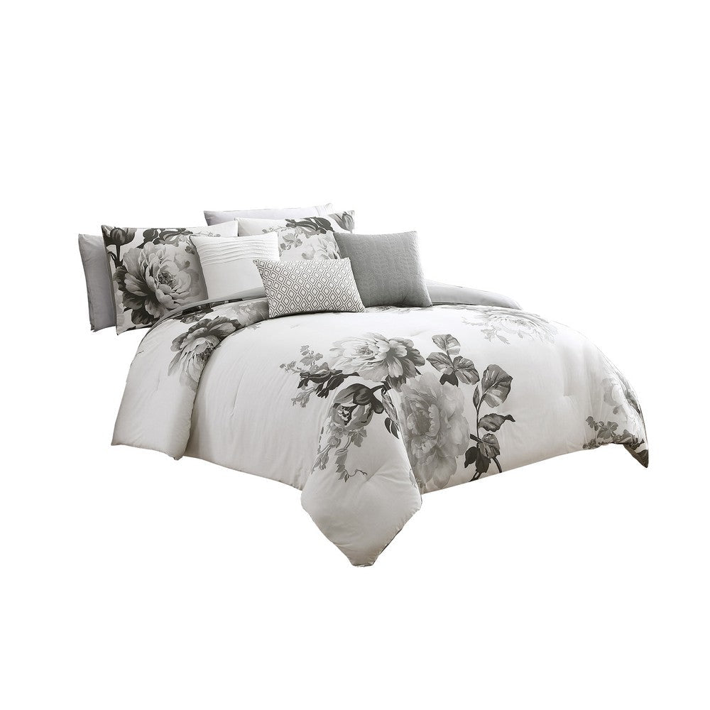 7 Piece Cotton King Comforter Set with Floral Print, Gray and White By Casagear Home