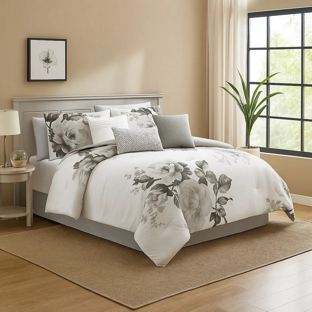 Comforter Set | 7 Piece | Cotton | Queen | Floral Print | Gray & White