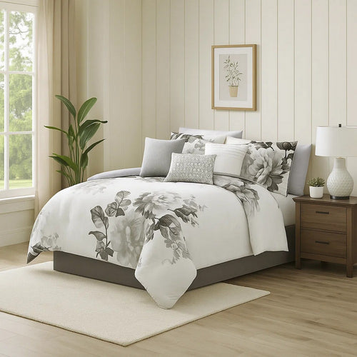 Comforter Set | 7 Piece | Cotton | Queen | Floral Print | Gray & White