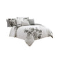 7 Piece Cotton Queen Comforter Set with Floral Print, Gray and White By Casagear Home