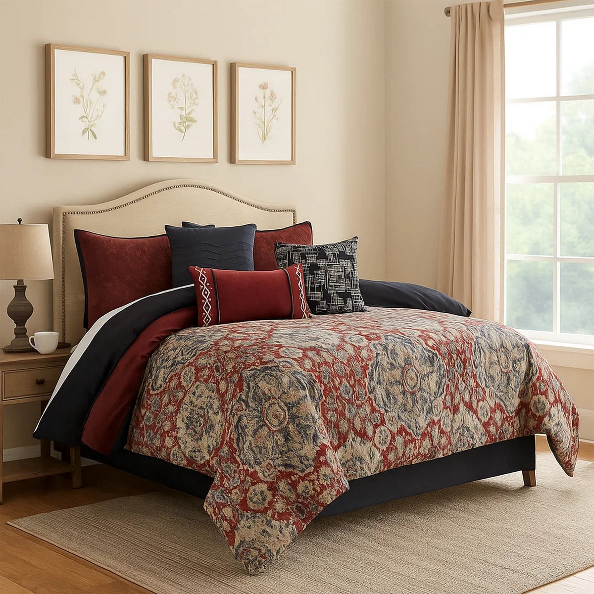 Comforter Set | 10 Piece King | Medallion Print | Red & Blue