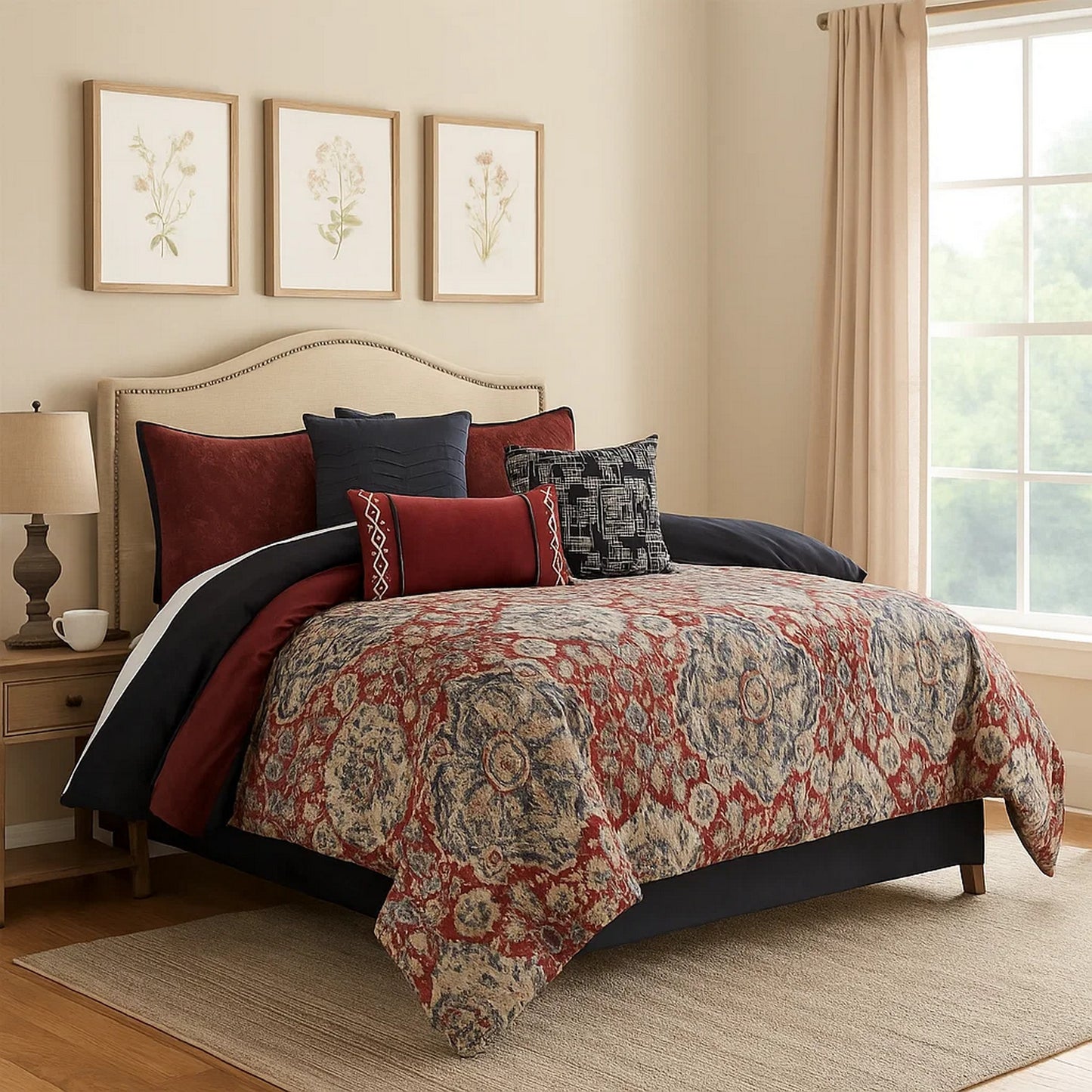 Comforter Set | 10 Piece King | Medallion Print | Red & Blue