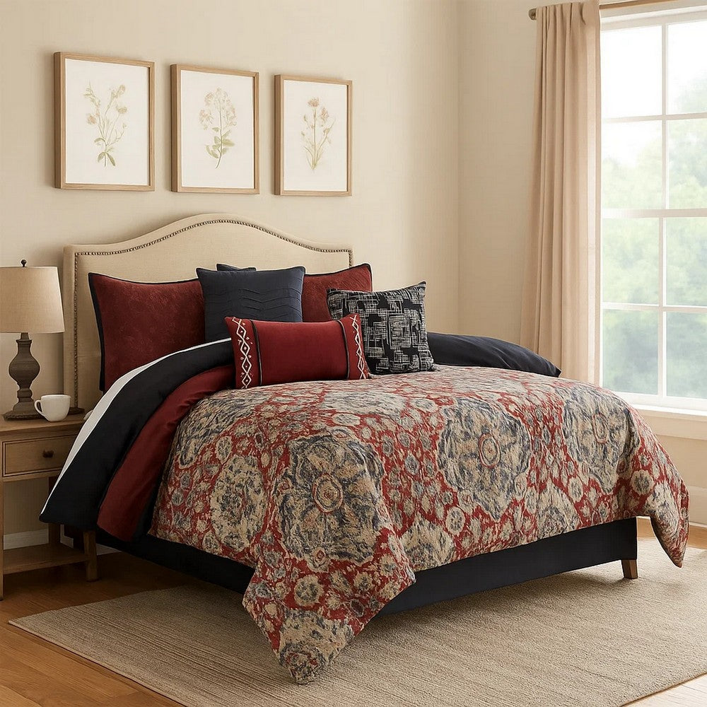 Comforter Set | 10 Piece King | Medallion Print | Red & Blue