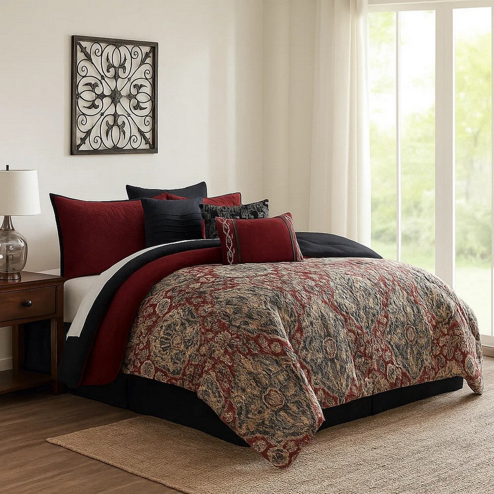 Comforter Set | 10 Piece King | Medallion Print | Red & Blue