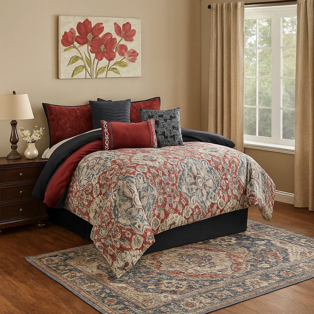 Comforter Set | 9 Piece Queen | Medallion Print | Red & Blue