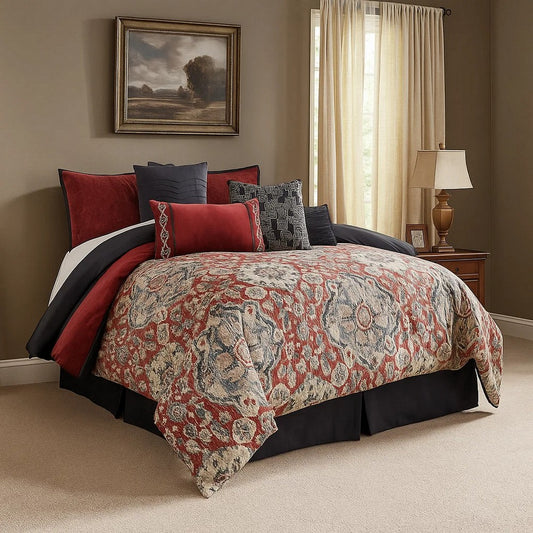 Comforter Set | 9 Piece Queen | Medallion Print | Red & Blue