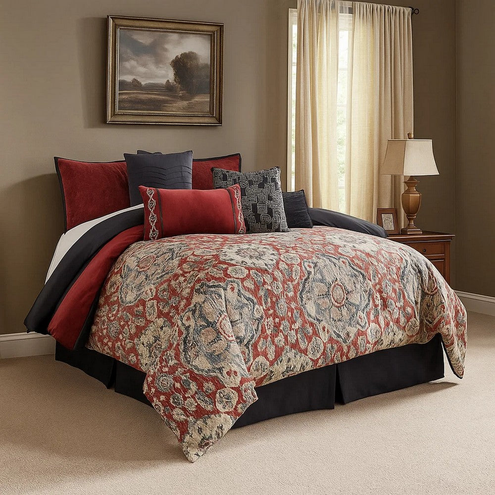 Comforter Set | 9 Piece Queen | Medallion Print | Red & Blue