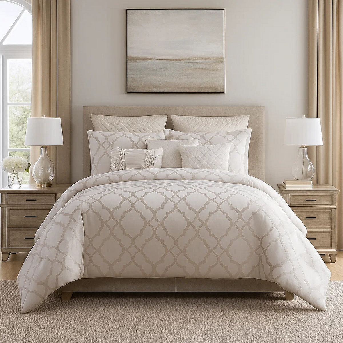 Comforter Set | 10 Piece King | Quatrefoil Print | White