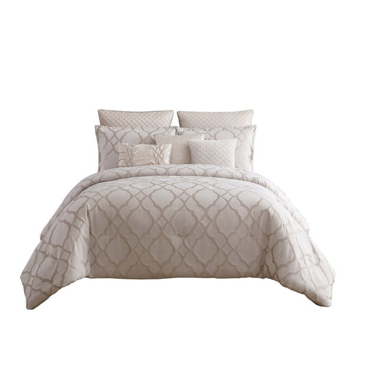 10 Piece King Size Fabric Comforter Set with Quatrefoil Prints, White By Casagear Home