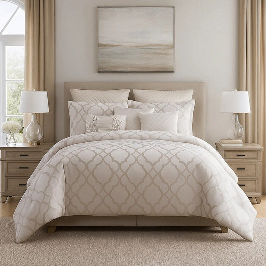 Comforter Set | 10 Piece King | Quatrefoil Print | White
