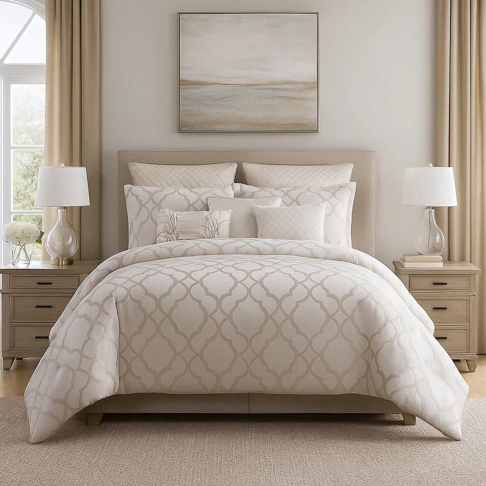 Comforter Set | 10 Piece King | Quatrefoil Print | White