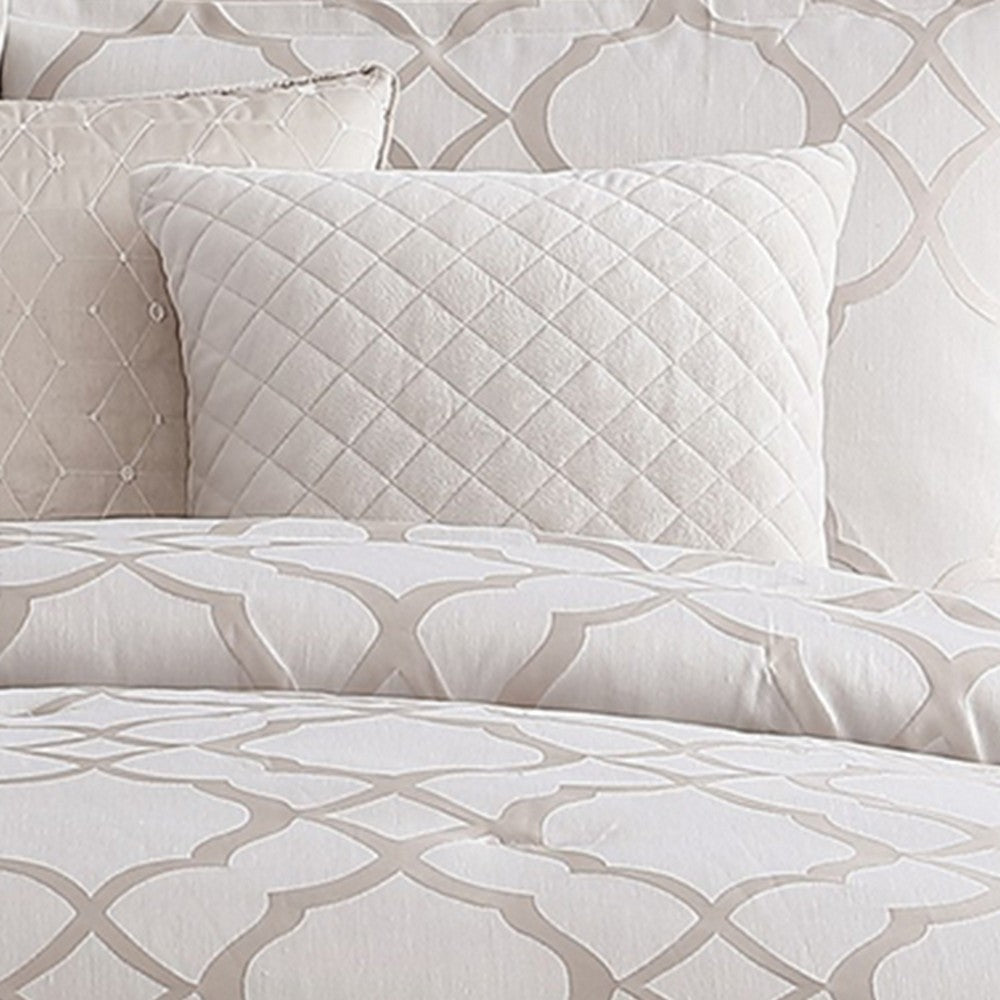 9 Piece Queen Size Fabric Comforter Set with Quatrefoil Prints White By Casagear Home BM225202