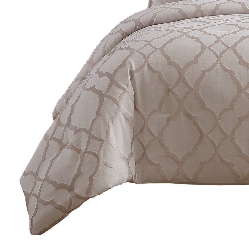9 Piece Queen Size Fabric Comforter Set with Quatrefoil Prints, White By Casagear Home