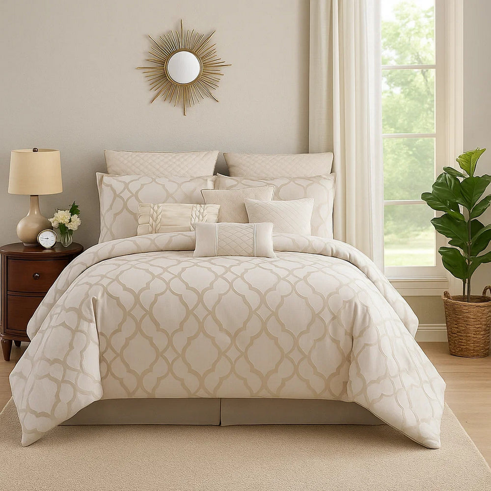 Comforter Set | 9 Piece Queen | Quatrefoil Print | White
