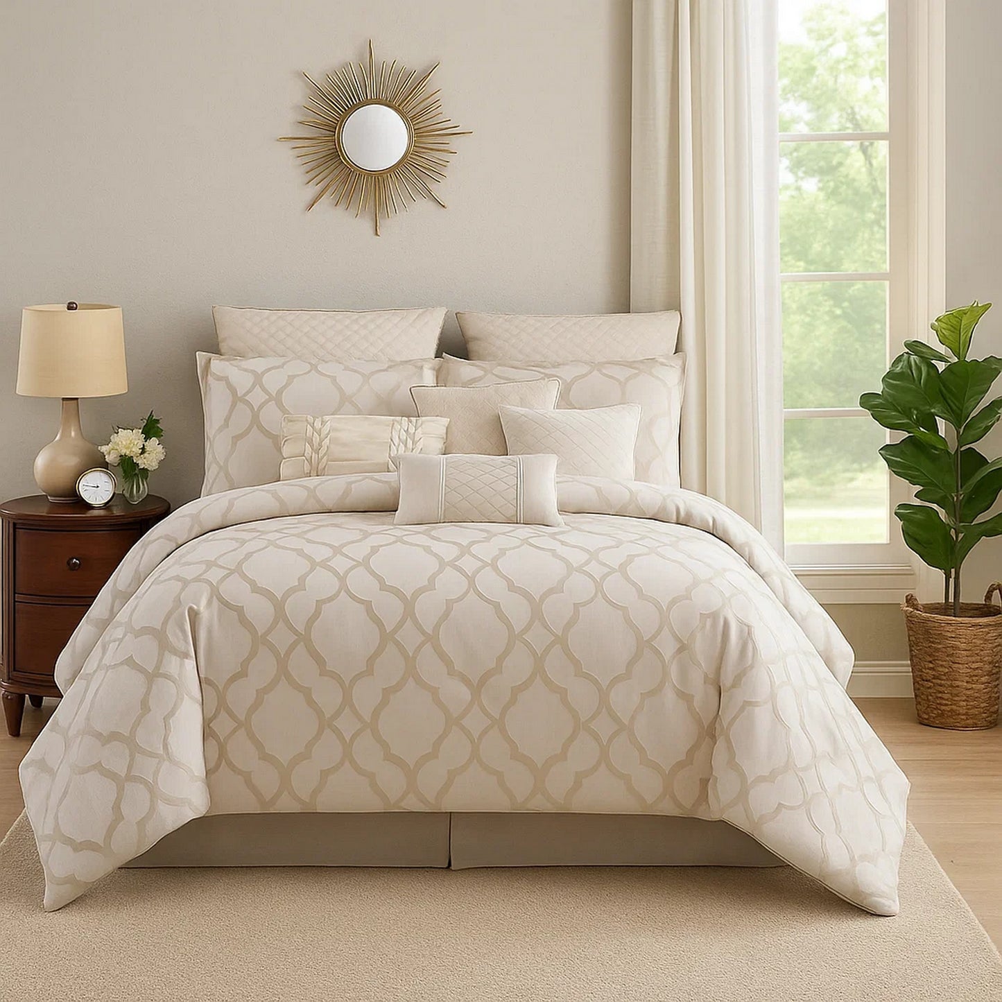 Comforter Set | 9 Piece Queen | Quatrefoil Print | White