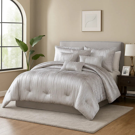 Comforter Set | 7 Piece King | Crinkle Texture | Silver