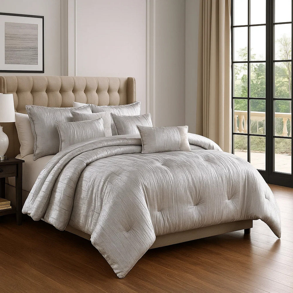 Comforter Set | 7 Piece Queen | Crinkle Texture | Silver