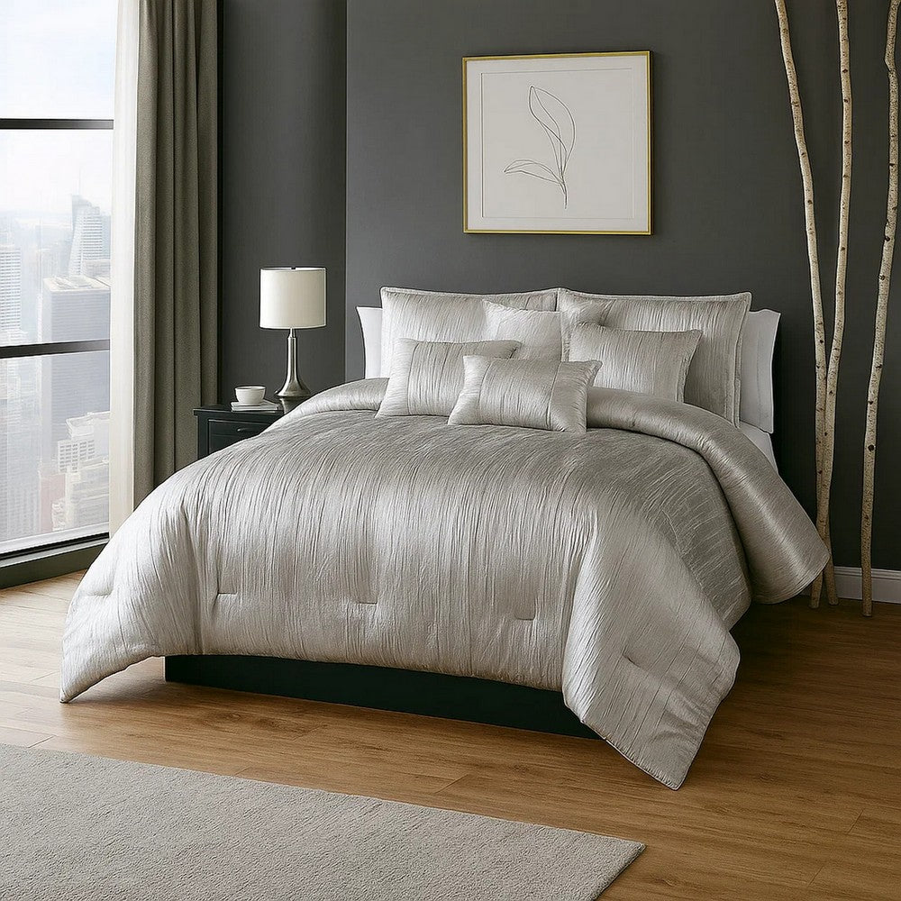 Comforter Set | 7 Piece Queen | Crinkle Texture | Silver