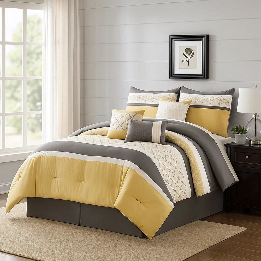 Comforter Set | 7 Piece King | Quatrefoil Print | Yellow & Gray
