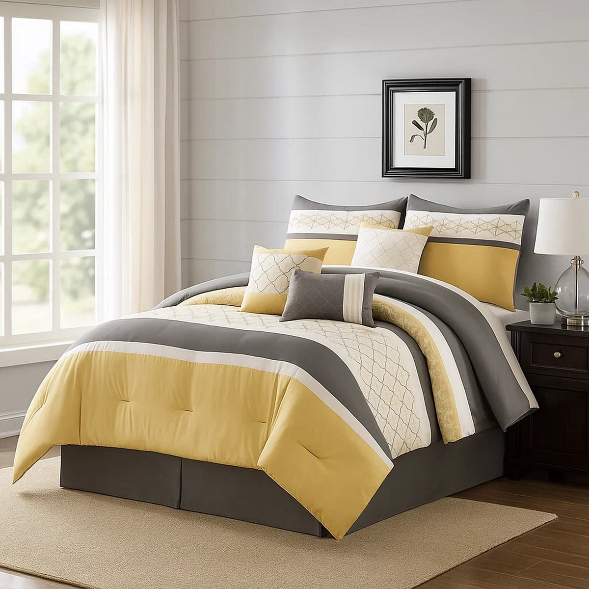 Comforter Set | 7 Piece King | Quatrefoil Print | Yellow & Gray