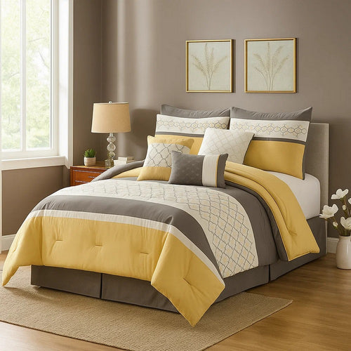 Comforter Set | 7 Piece King | Quatrefoil Print | Yellow & Gray