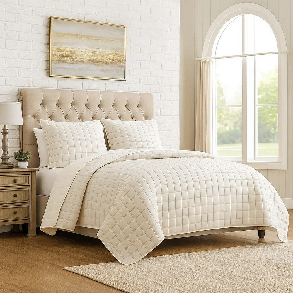 Coverlet Set | 3 Piece King | Stitched Square Pattern | Cream