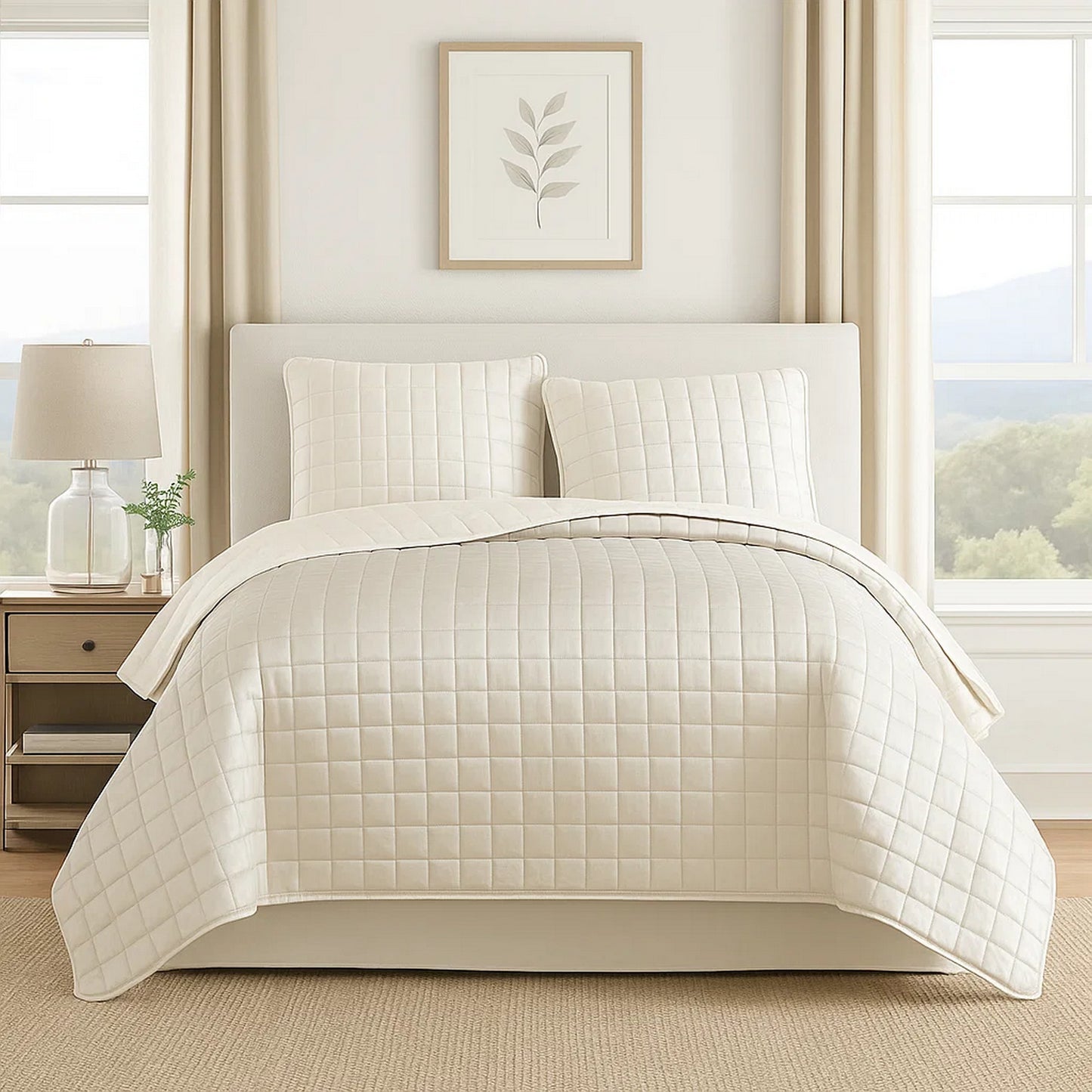 Coverlet Set | 3 Piece Queen | Stitched Square Pattern | Cream