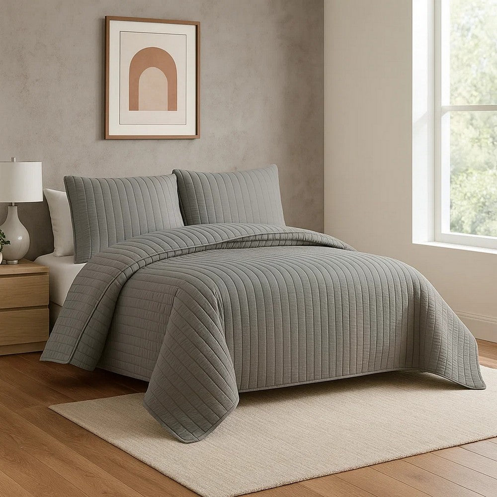 Coverlet Set | 3 Piece Queen | Crinkle Stitch | Gray